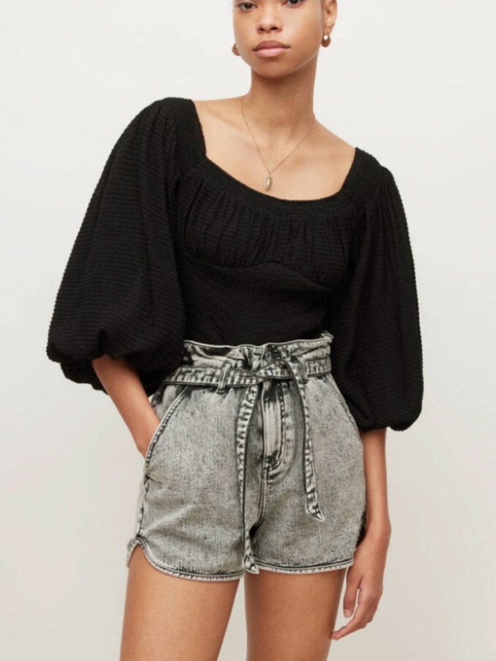 All Saints Tia Puff Sleeve Top in Black Quiet Luxury Size 4 NWOT